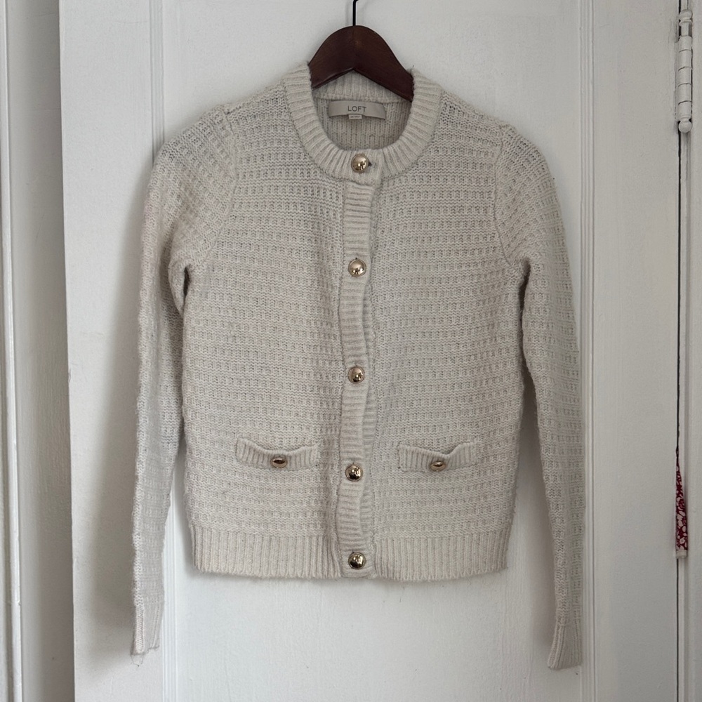 LOFT Ivory Textured Cardigan with Gold Buttons. XS